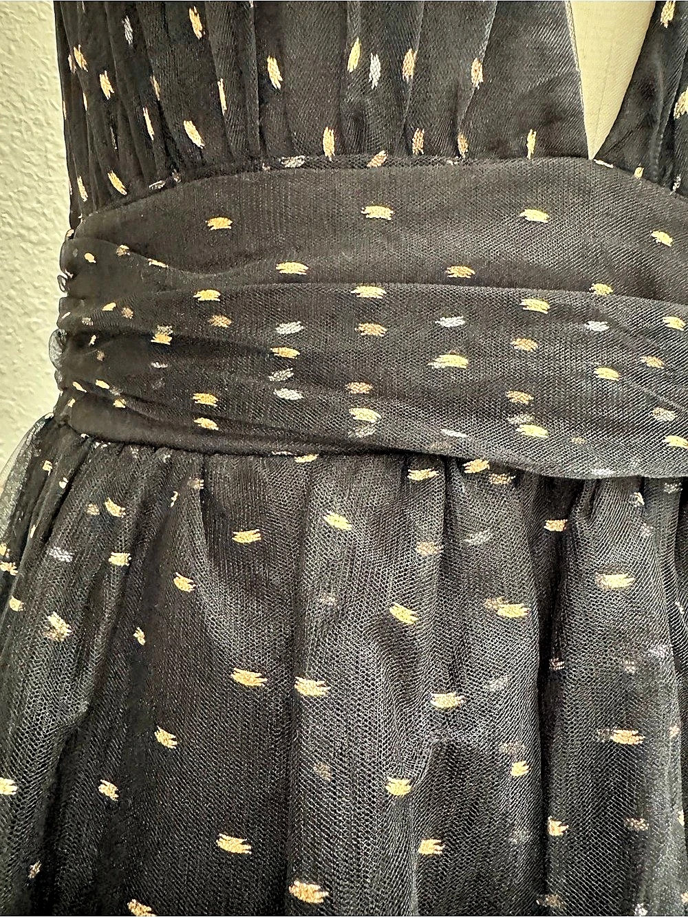 Lulus Decadent Impression Black Tulle Tiered Shiny Dot Midi Dress & Gold Tulle - Picture 8 of 9